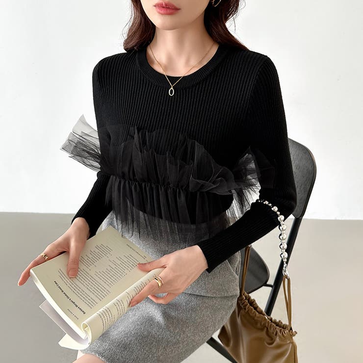 チュールドッキングニット ビスチェ風 リブニット | COCOMOMO | 詳細画像16 