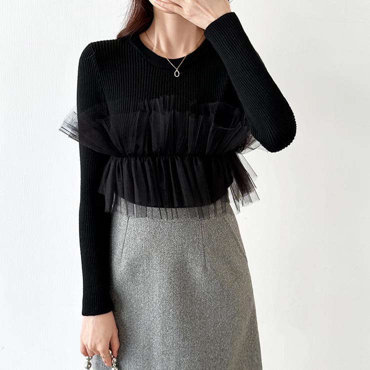 チュールドッキングニット ビスチェ風 リブニット | COCOMOMO | 詳細画像18 