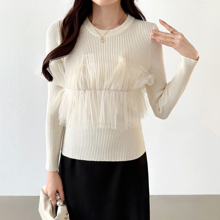 チュールドッキングニット ビスチェ風 リブニット | COCOMOMO | 詳細画像3 