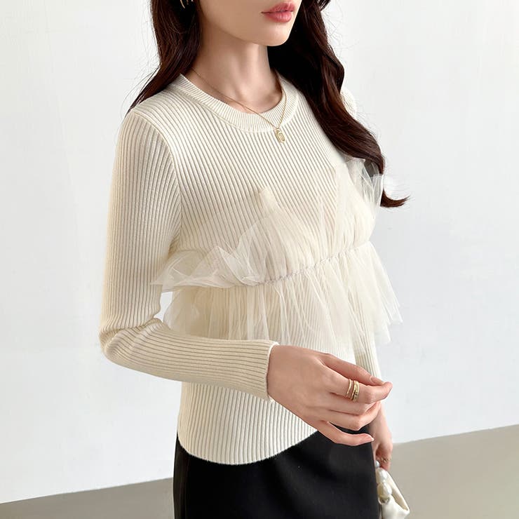 チュールドッキングニット ビスチェ風 リブニット | COCOMOMO | 詳細画像6 