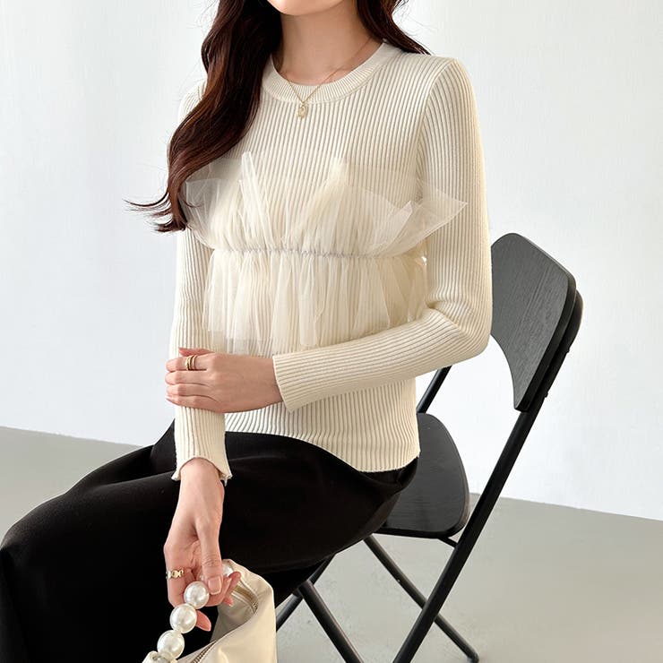 チュールドッキングニット ビスチェ風 リブニット | COCOMOMO | 詳細画像7 