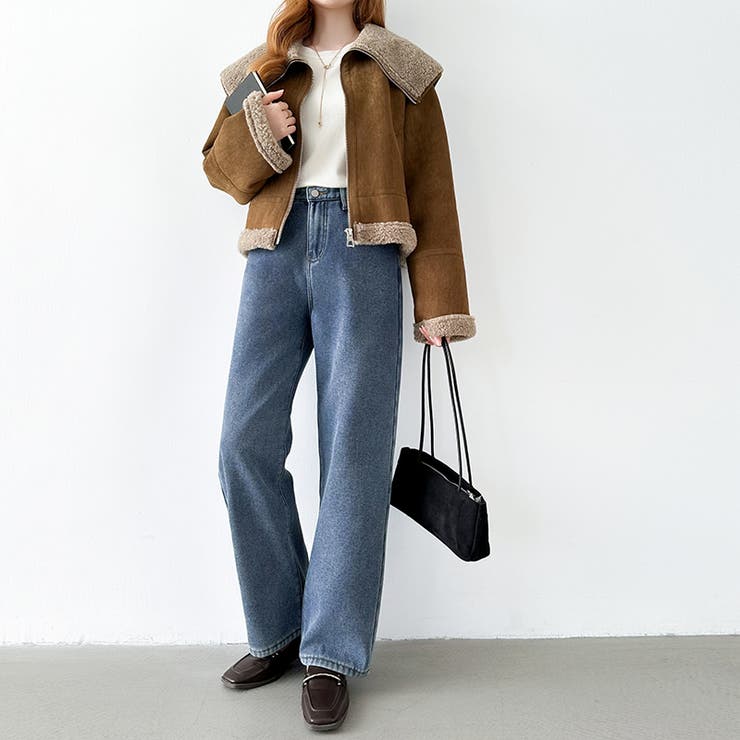 裏起毛 デニムパンツ セミワイドストレートパンツ | COCOMOMO | 詳細画像7 