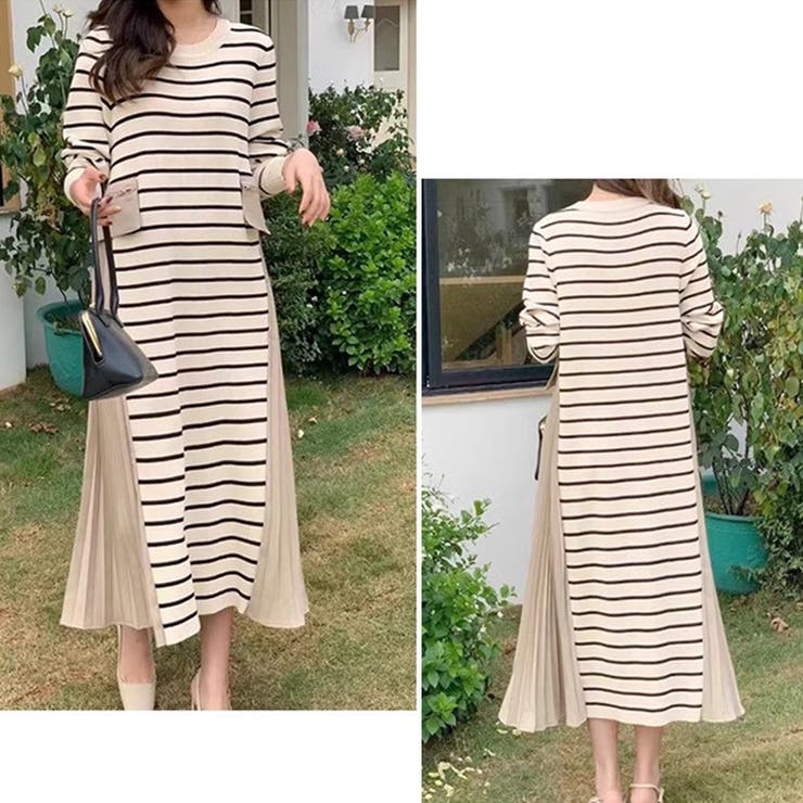 ボーダーワンピース プリーツ切り替え ニットワンピース[品番