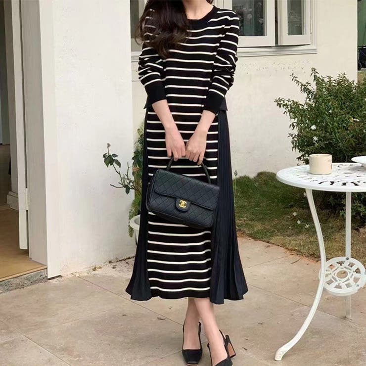 ボーダーワンピース プリーツ切り替え ニットワンピース[品番