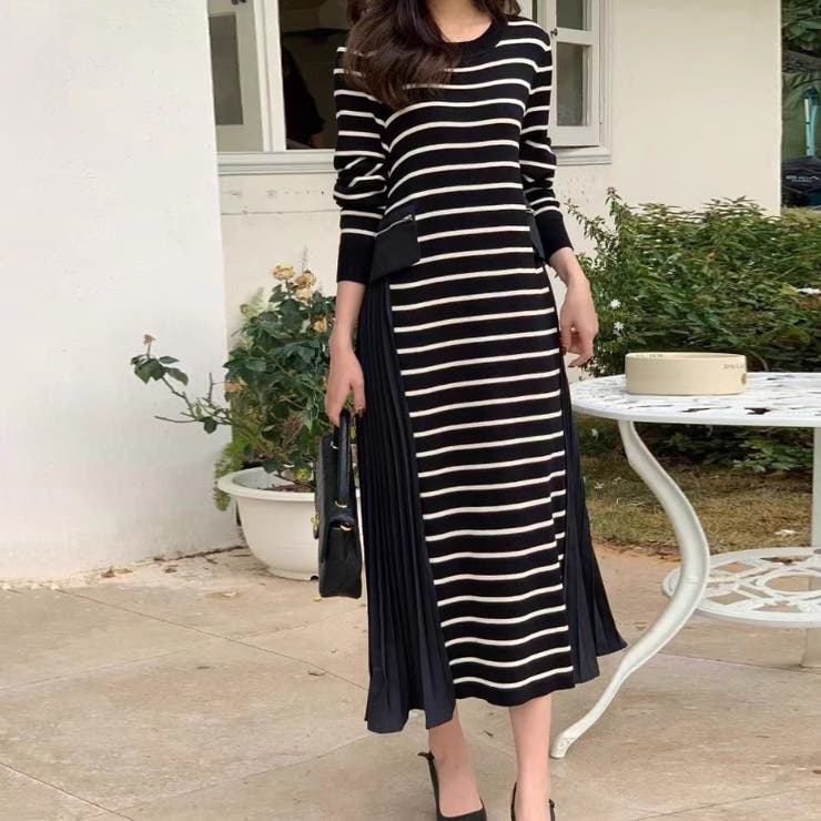 ボーダーワンピース プリーツ切り替え ニットワンピース[品番