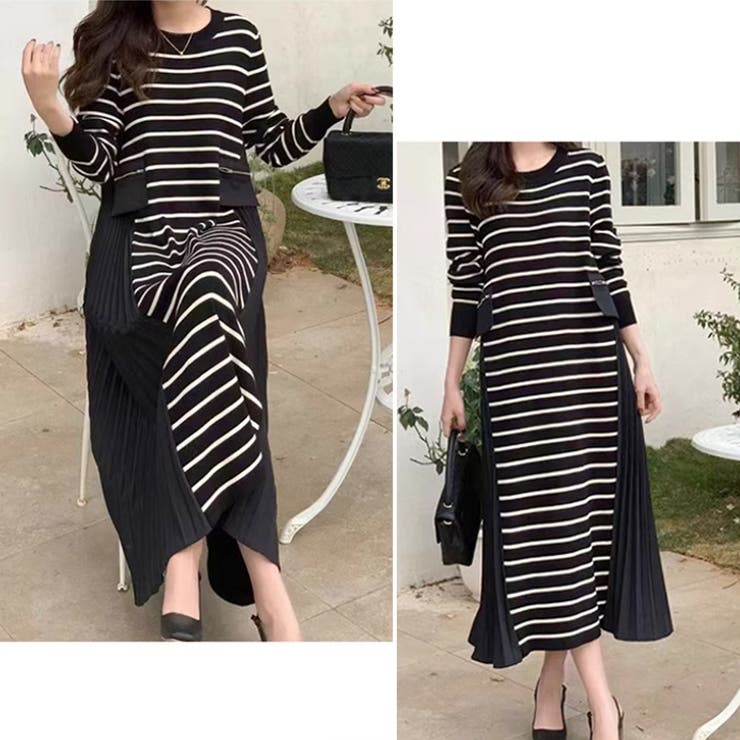 ボーダーワンピース プリーツ切り替え ニットワンピース[品番