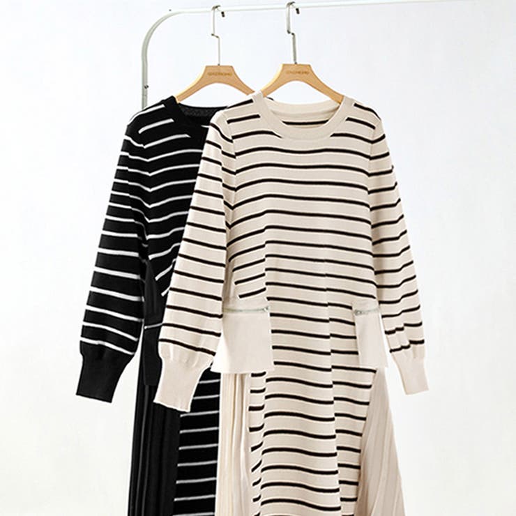 ボーダーワンピース プリーツ切り替え ニットワンピース[品番