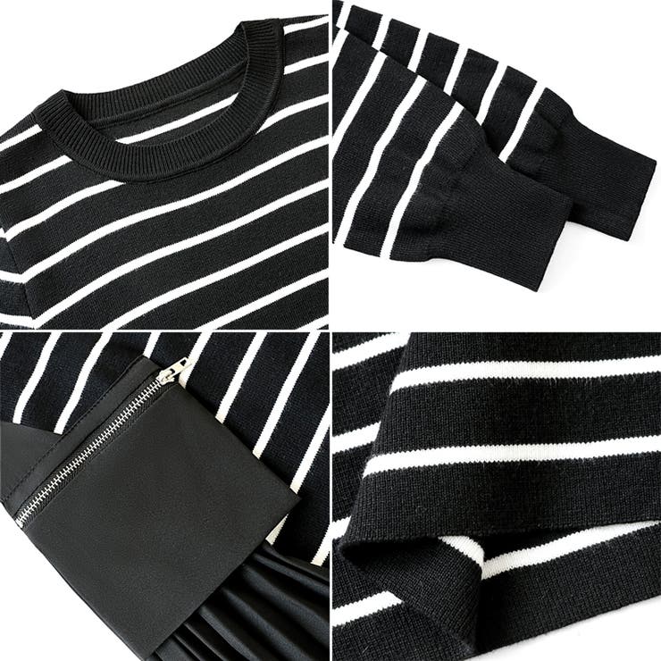 ボーダーワンピース プリーツ切り替え ニットワンピース[品番