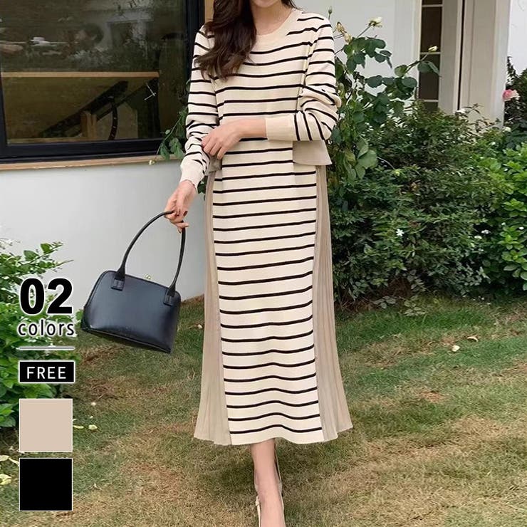 ボーダーワンピース プリーツ切り替え ニットワンピース[品番