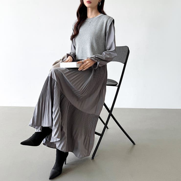 ベスト付きワンピース プリーツワンピース ロングワンピース | COCOMOMO | 詳細画像32 