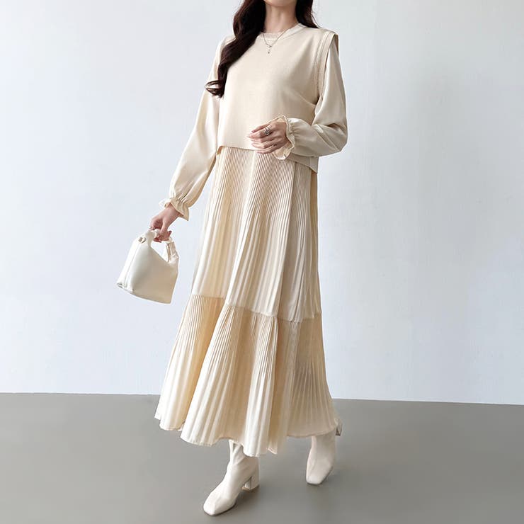 ベスト付きワンピース プリーツワンピース ロングワンピース | COCOMOMO | 詳細画像4 