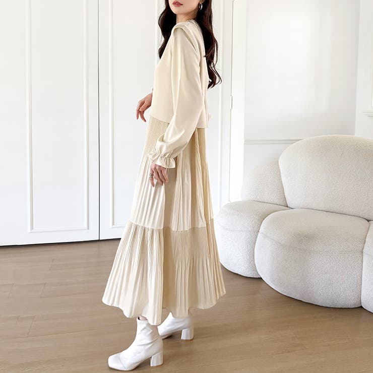 ベスト付きワンピース プリーツワンピース ロングワンピース | COCOMOMO | 詳細画像8 