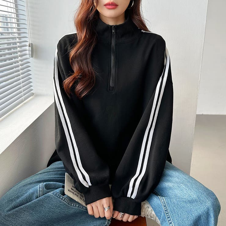 ハーフジップ 袖ラインスウェット オーバーサイズトレーナー | COCOMOMO | 詳細画像29 