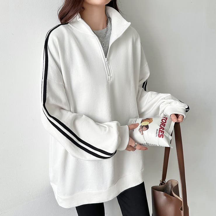 ハーフジップ 袖ラインスウェット オーバーサイズトレーナー | COCOMOMO | 詳細画像3 