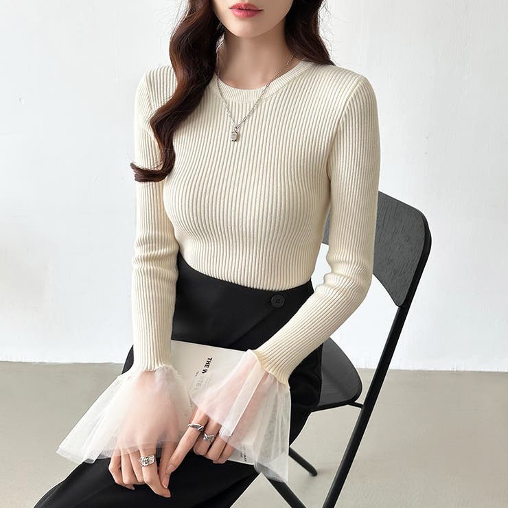 チュール袖ニット ベルスリーブ リブニット[品番：COCW0006278