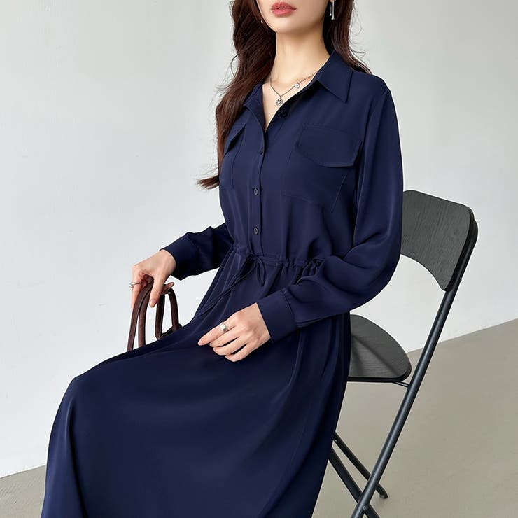 シャツワンピース 韓国 ロング丈 スタイリッシュ 配色 切替え ロング デニム シャツワンピース 長袖 着回し 配色 切替え 韓国