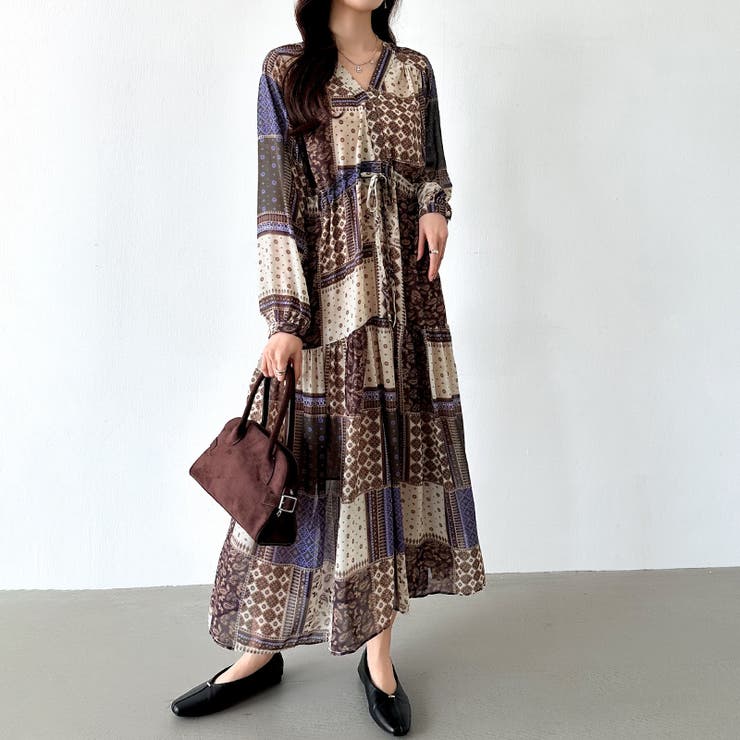 エスニック風☆ワンピース シフォン バイカラー 長袖 ロング エスニック柄 シフォンワンピース ロングワンピース[品番