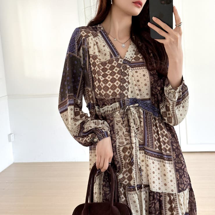 エスニック風☆ワンピース シフォン バイカラー 長袖 ロング エスニック柄 シフォンワンピース ロングワンピース[品番