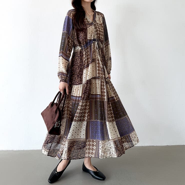 COCOBELLA★エスニックシフォンプリントワンピース CA1 エスニック柄 シフォンワンピース ロングワンピース[品番