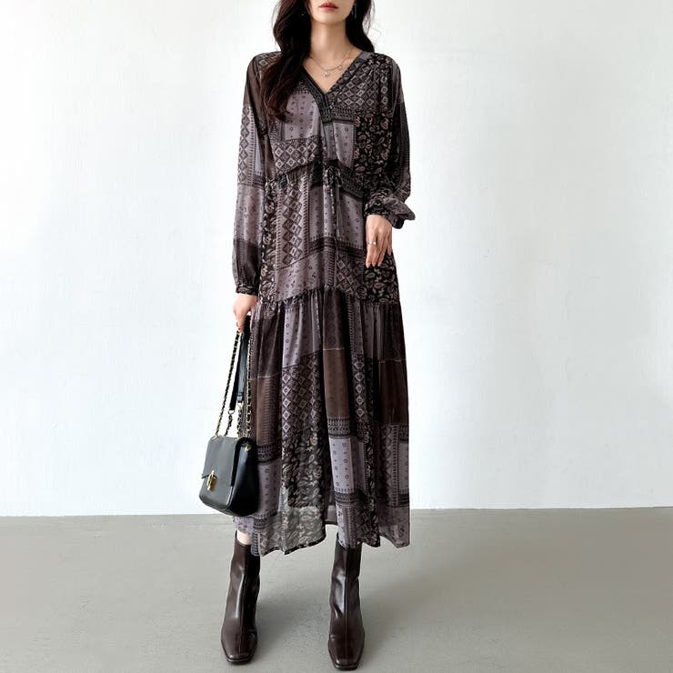 エスニック柄 シフォンワンピース ロングワンピース[品番