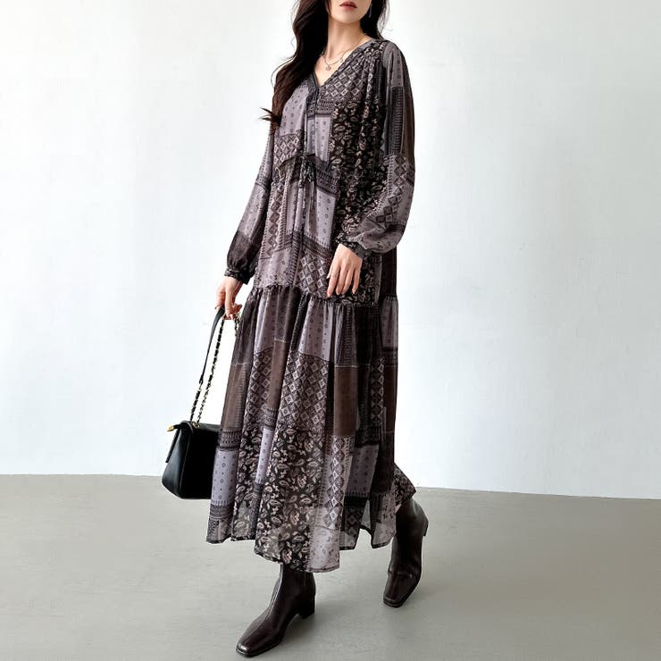 エスニック柄 シフォンワンピース ロングワンピース[品番