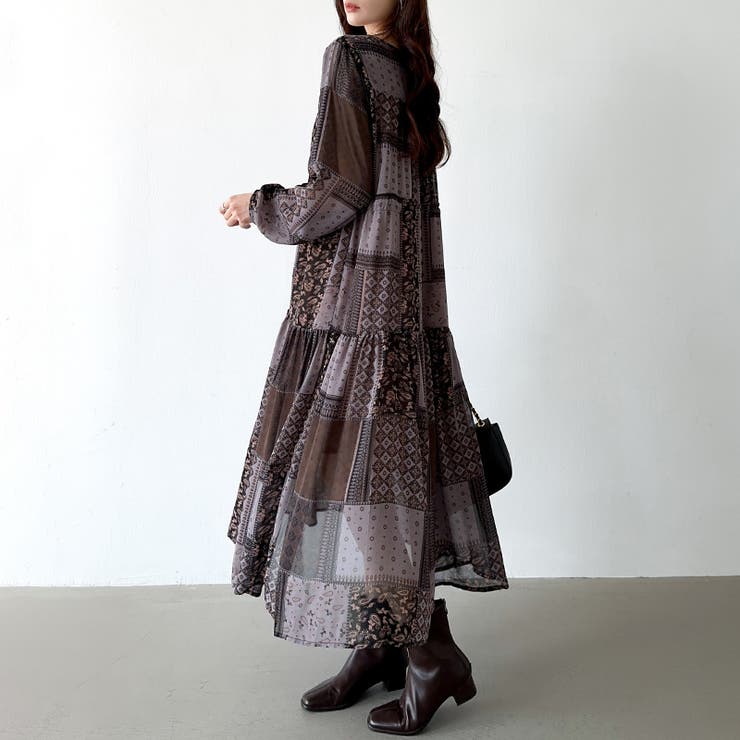 エスニック柄 シフォンワンピース ロングワンピース[品番