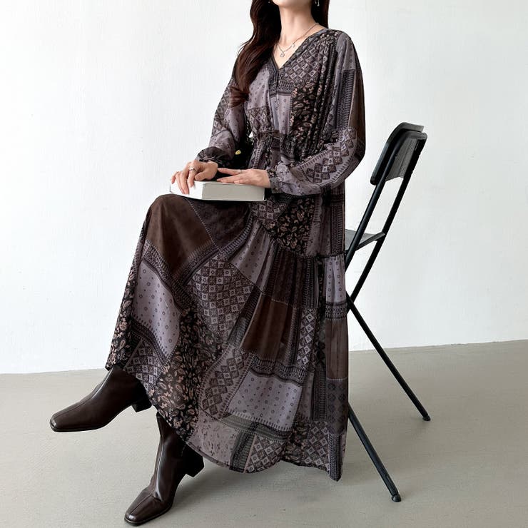 エスニック風☆ワンピース シフォン バイカラー 長袖 ロング エスニック柄 シフォンワンピース ロングワンピース[品番