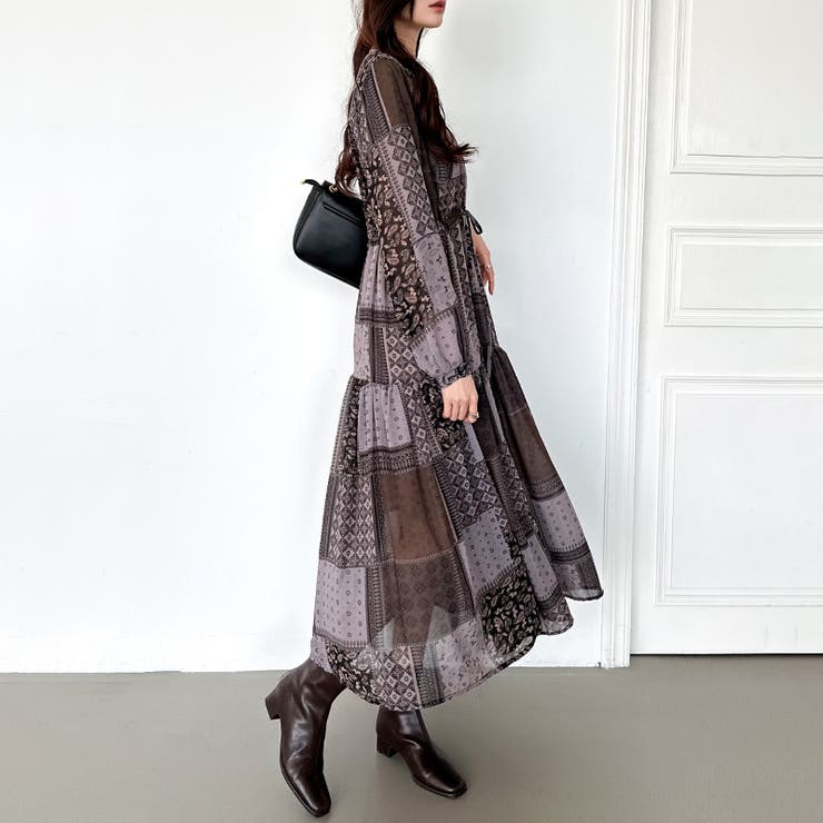エスニック柄 シフォンワンピース ロングワンピース[品番