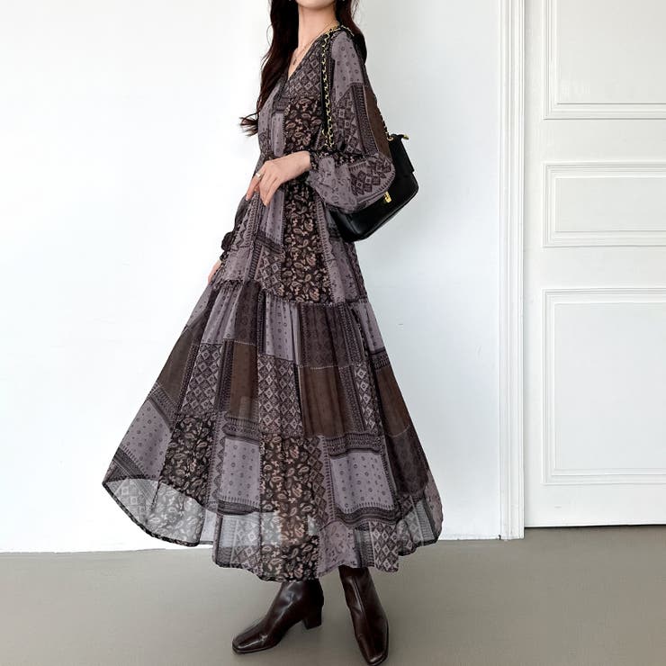 エスニック柄 シフォンワンピース ロングワンピース[品番
