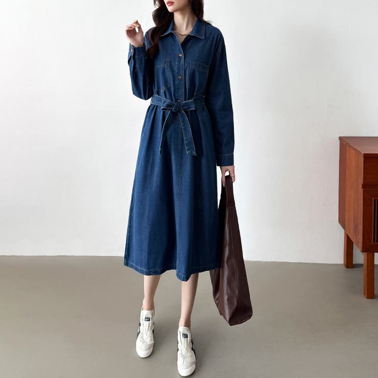 デニムワンピース ウエストリボン シャツワンピース[品番：COCW0006300