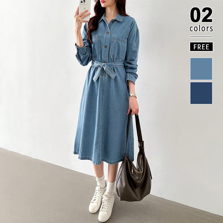 デニムワンピース ウエストリボン シャツワンピース[品番