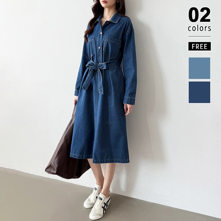 美品 桃太郎ジーンズ 8ozデニムワンピース ウエストリボン M 長袖 秋に