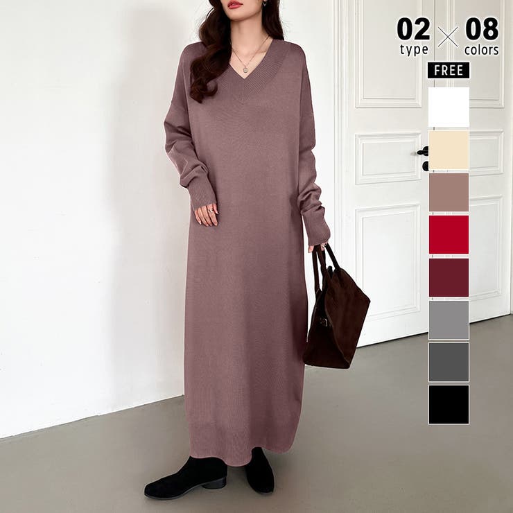 ロング丈・グレージュ | 選べる2丈 Vネックワンピース ロングワンピース | COCOMOMO