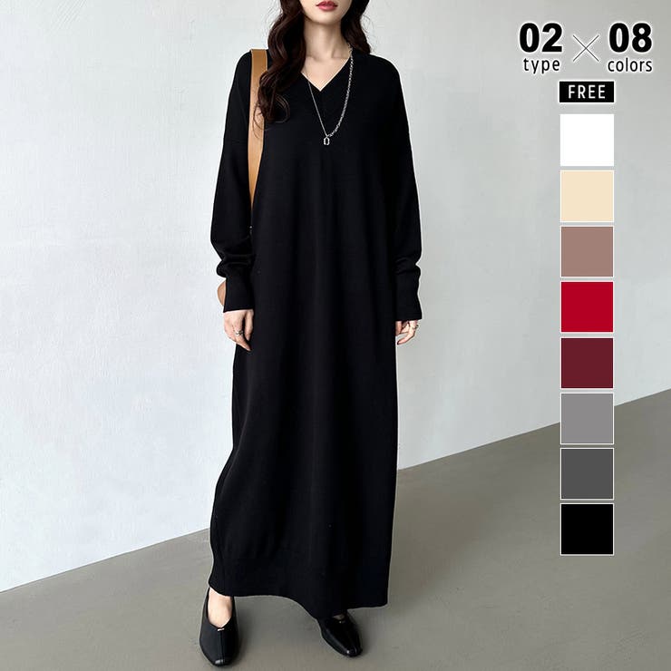 ロング丈・ブラック | 選べる2丈 Vネックワンピース ロングワンピース | COCOMOMO