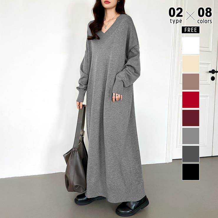 ロング丈・グレー | 選べる2丈 Vネックワンピース ロングワンピース | COCOMOMO