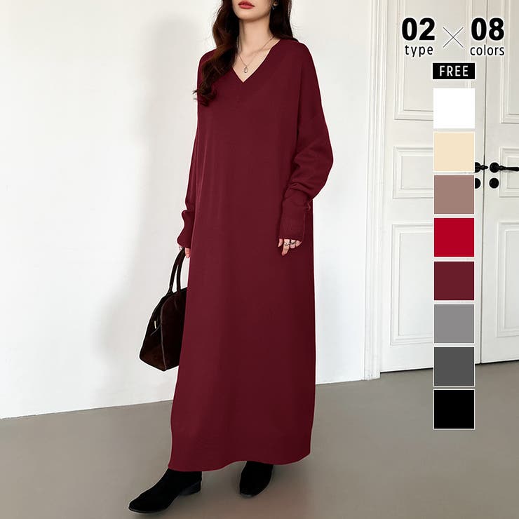 ロング丈・ワイン | 選べる2丈 Vネックワンピース ロングワンピース | COCOMOMO