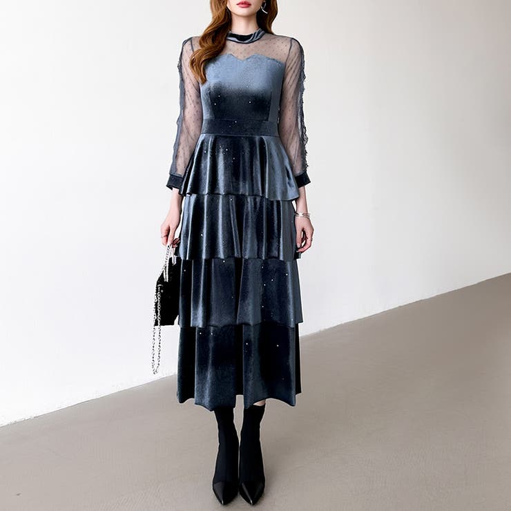 ティアードベロアワンピース パーティードレス 結婚式 | COCOMOMO | 詳細画像11 