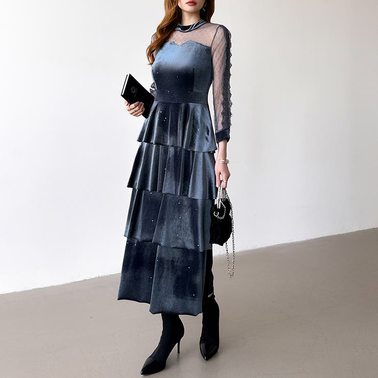 ティアードベロアワンピース パーティードレス 結婚式 | COCOMOMO | 詳細画像13 