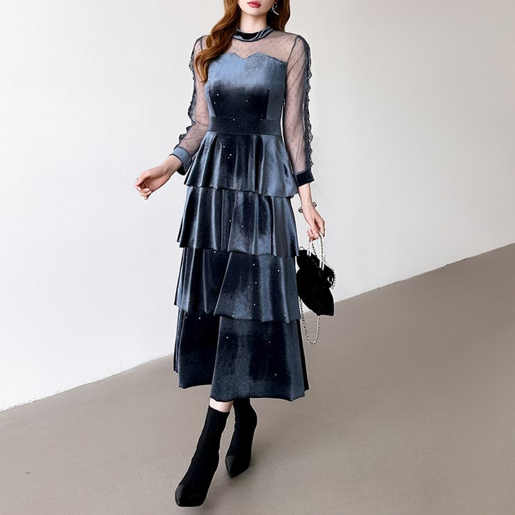 ティアードベロアワンピース パーティードレス 結婚式 | COCOMOMO | 詳細画像18 