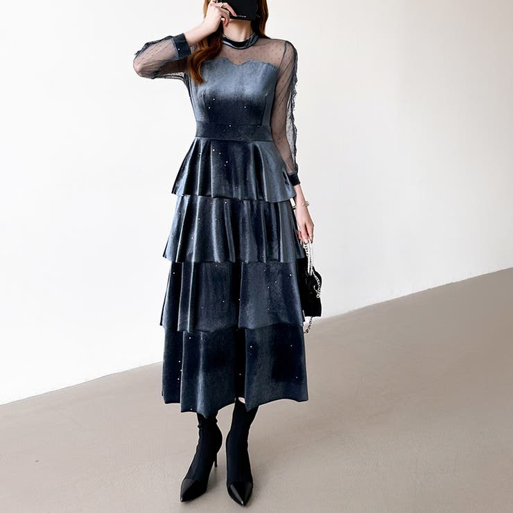 ティアードベロアワンピース パーティードレス 結婚式 | COCOMOMO | 詳細画像19 