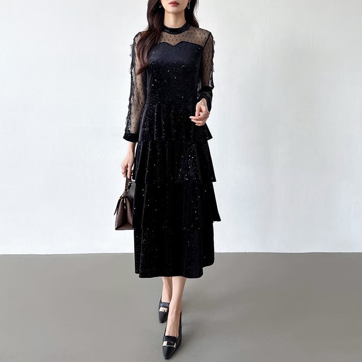 ティアードベロアワンピース パーティードレス 結婚式 | COCOMOMO | 詳細画像2 