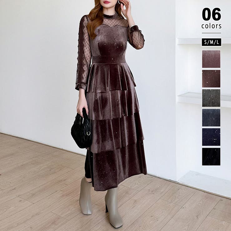 ダークブラウン | ティアードベロアワンピース パーティードレス 結婚式 | COCOMOMO