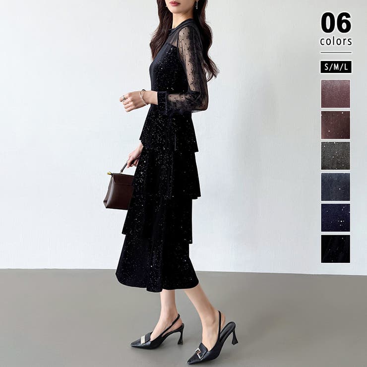 ブラック | ティアードベロアワンピース パーティードレス 結婚式 | COCOMOMO