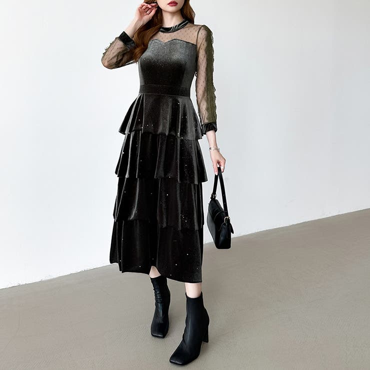 ティアードベロアワンピース パーティードレス 結婚式 | COCOMOMO | 詳細画像26 