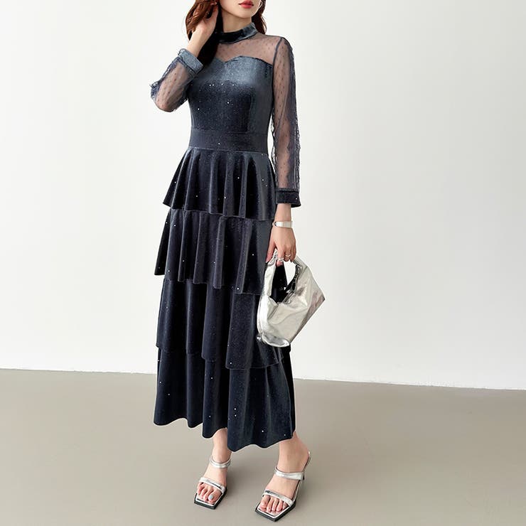 パーティードレス ティアードベロアワンピース 結婚式[品番