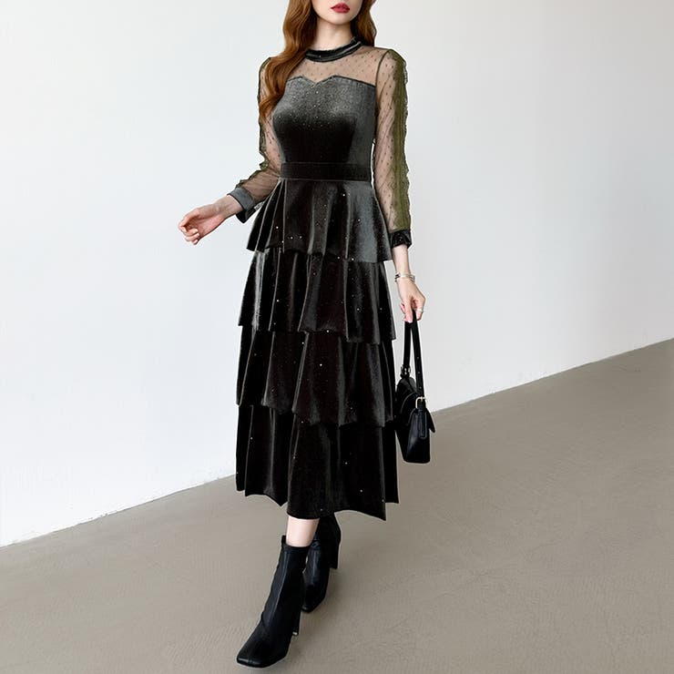 ティアードベロアワンピース パーティードレス 結婚式 | COCOMOMO | 詳細画像22 