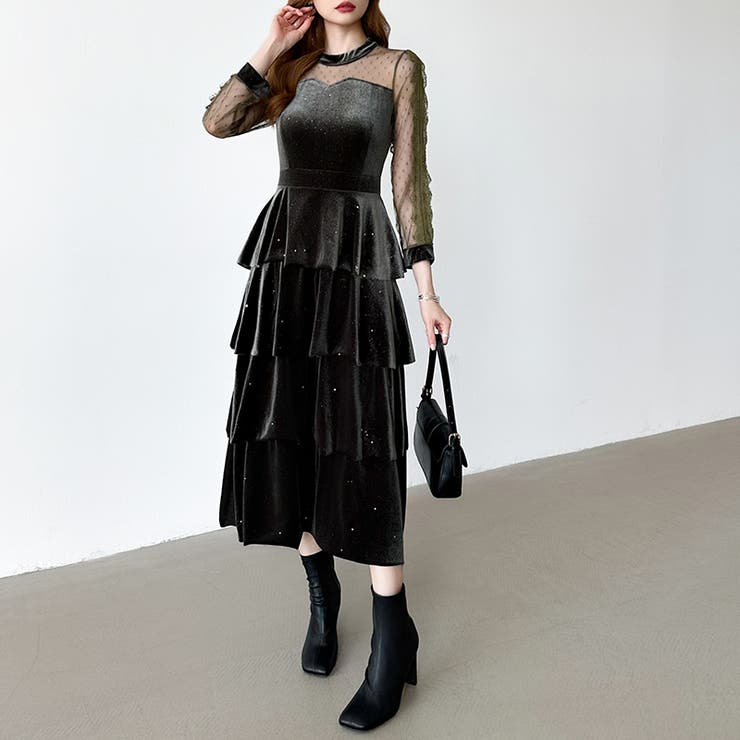 ティアードベロアワンピース パーティードレス 結婚式 | COCOMOMO | 詳細画像26 