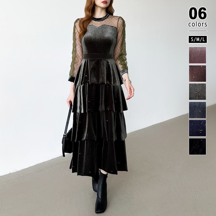 カーキ | ティアードベロアワンピース パーティードレス 結婚式 | COCOMOMO