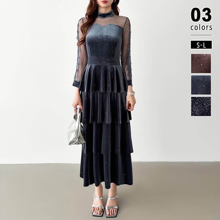 パーティードレス ティアードベロアワンピース 結婚式[品番 パーティードレス ティアードベロアワンピース 結婚式[品番