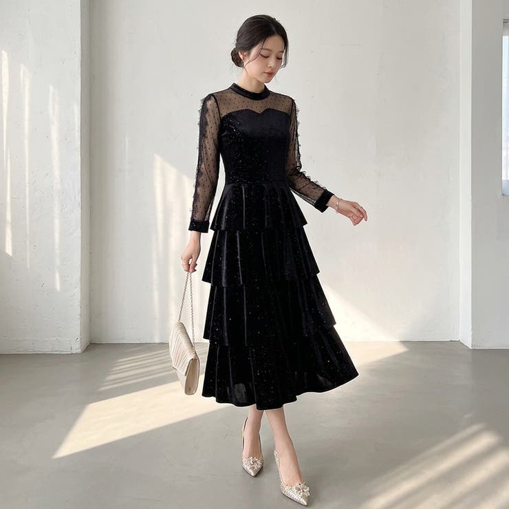 新色登場】ティアードベロアワンピース パーティードレス 結婚式[品番